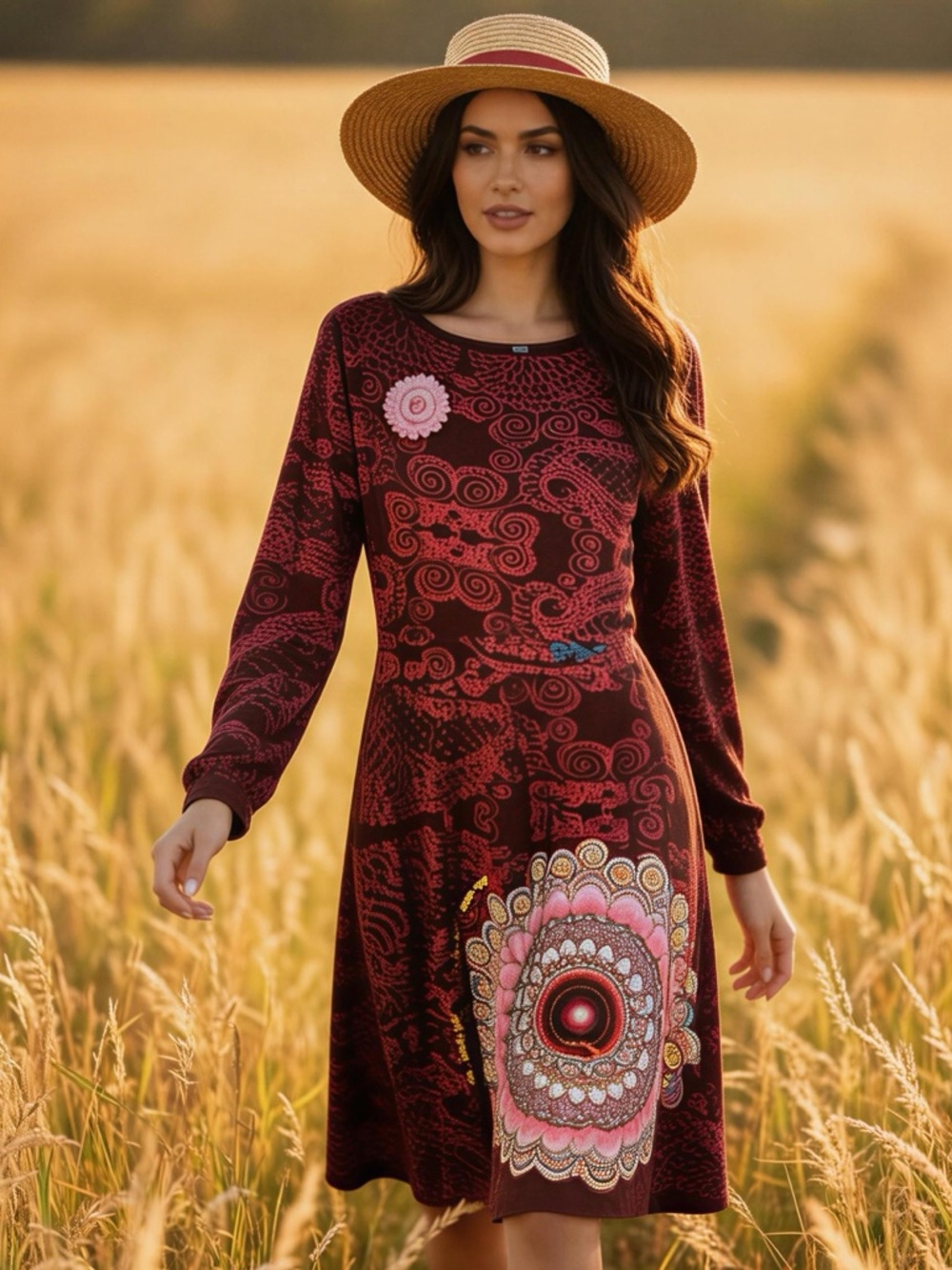 Desigual Maroon and Red Paisley Fit-and-Flare Dress Size L